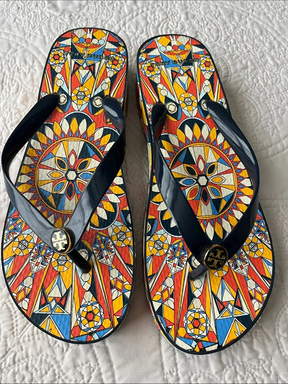 Tory Burch Mosaic Geo Wedge Flip Flop Sandals Boho Luxury Resortwear